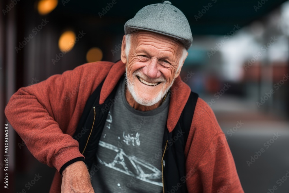 Portrait of smiling senior man with cap in the city street. Portrait of smiling senior man with cap in the city street.