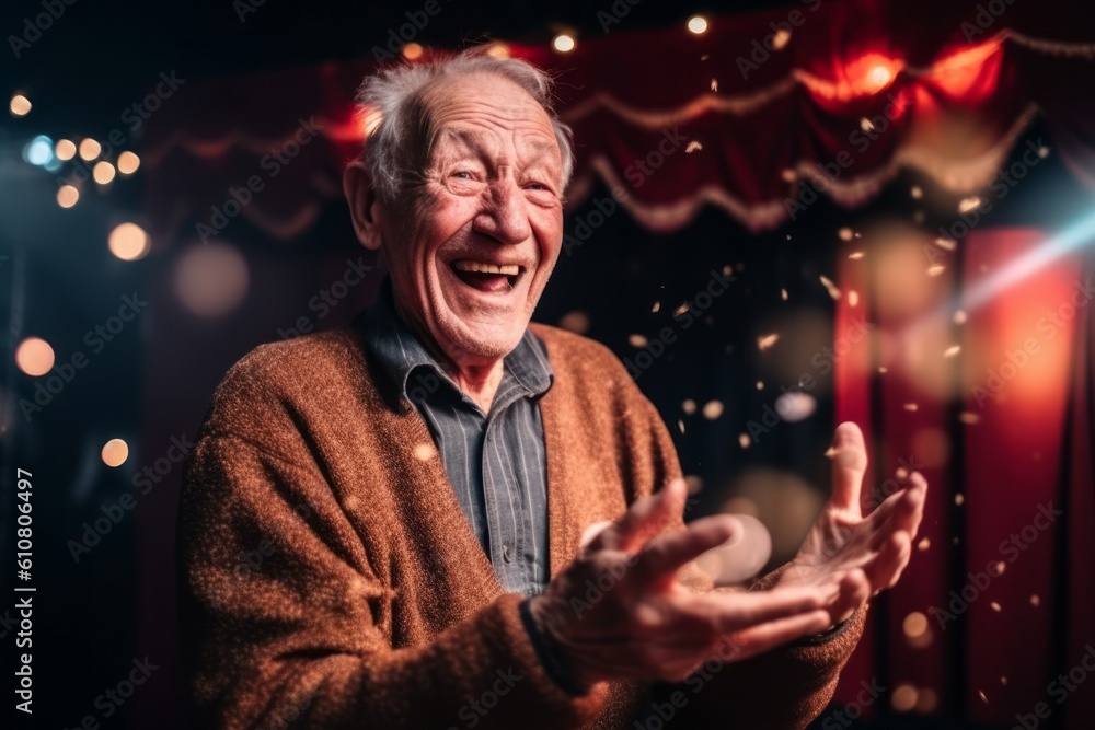 Portrait of a happy senior man in the room with Christmas lights. Portrait of a happy senior man in the room with Christmas lights.