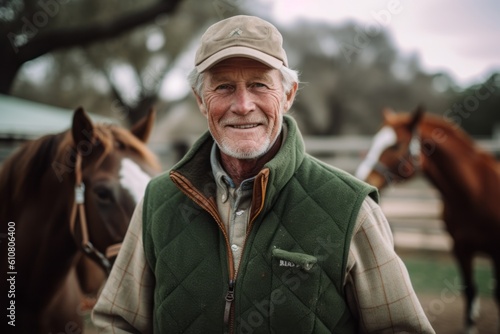 Portrait of a senior man with his horses in the background.
