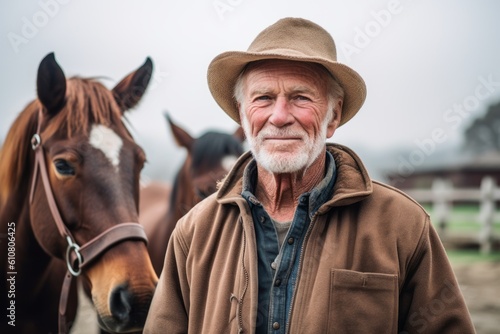 Portrait of a senior man with his horses in the countryside.