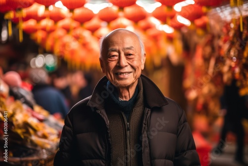 Close-up portrait photography of a pleased man in his 80s that is wearing a pair of leggings or tights against a vibrant and bustling chinatown during lunar new year background .  Generative AI