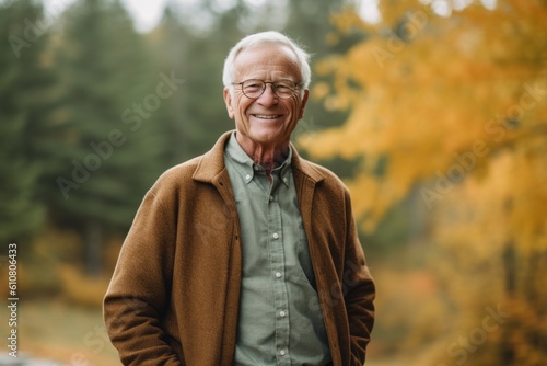 Portrait of smiling senior man standing in autumn park and looking at camera