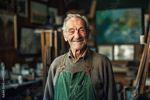 Medium shot portrait photography of a grinning man in his 80s that is wearing a chic cardigan against a quiet painting studio with artists creating masterpieces background . Generative AI