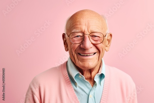 Medium shot portrait photography of a grinning man in his 80s that is wearing a chic cardigan against a pastel or soft colors background .  Generative AI