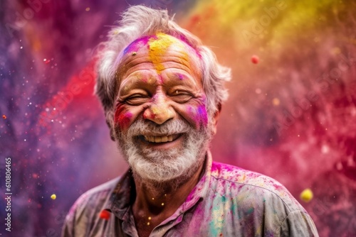 Portrait of a happy senior man celebrating Holi festival. Holi is the Indian festival of colors.