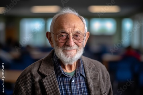 Portrait of a senior man with eyeglasses in a classroom