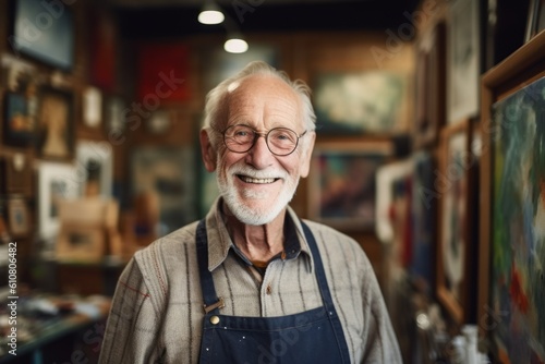 Medium shot portrait photography of a grinning man in his 80s that is wearing a chic cardigan against a quiet painting studio with artists creating masterpieces background . Generative AI