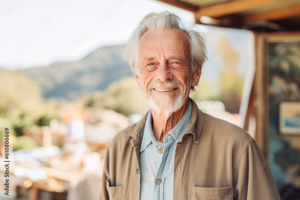 Portrait of smiling senior man standing with hands in pockets at outdoor cafe Portrait of smiling senior man standing with hands in pockets at outdoor cafe