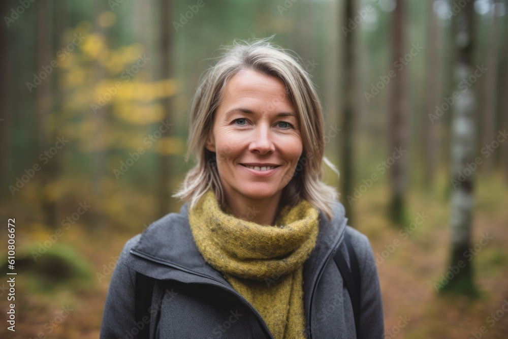 Portrait of a smiling woman in the forest in autumn season. Portrait of a smiling woman in the forest in autumn season.