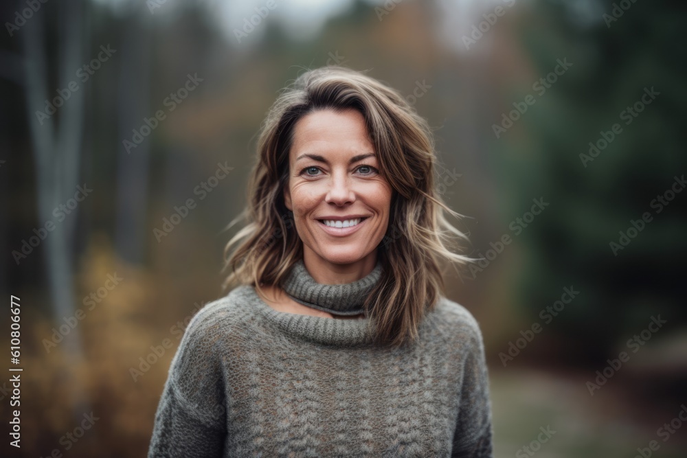 Portrait of a smiling woman in a sweater and scarf in the autumn forest