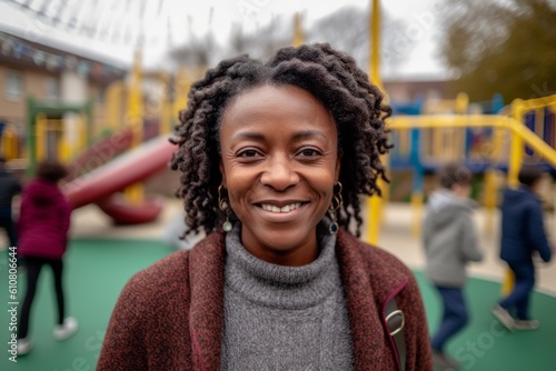 Portrait of smiling african american woman looking at camera on playground