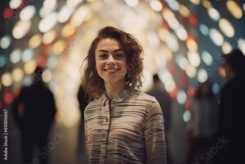 Medium shot portrait photography of a grinning woman in her 20s that is wearing a smart pair of trousers against a modern art exhibit with visitors and installations background .  Generative AI © Leon Waltz