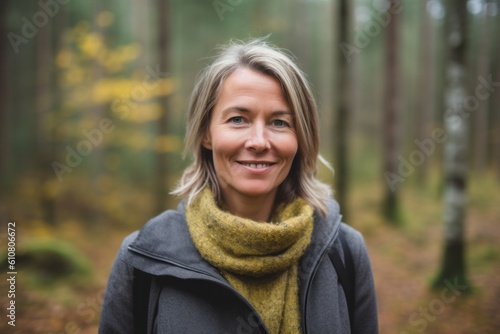 Portrait of a smiling woman in the forest in autumn season.