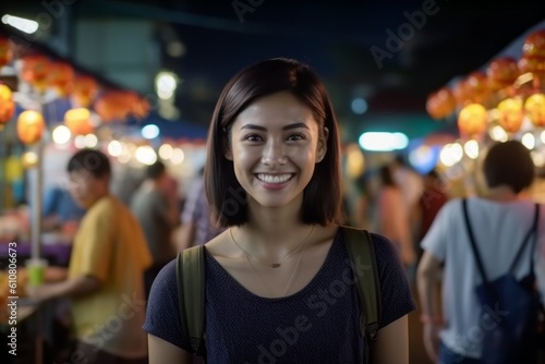 Portrait of young asian woman smiling and looking at camera in the night market