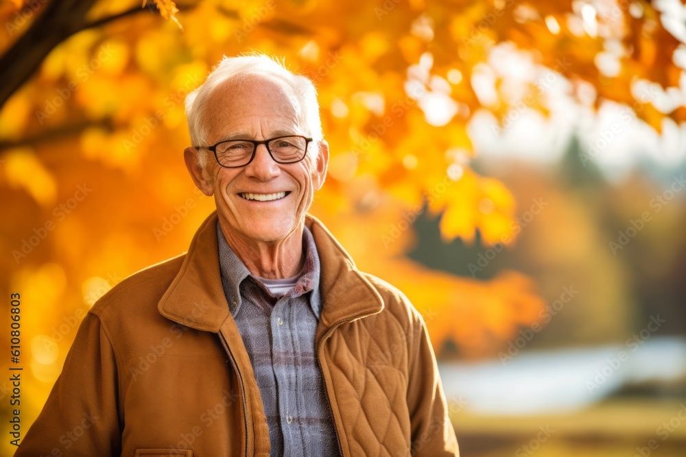Portrait of a smiling senior man in the autumn park. Selective focus. Portrait of a smiling senior man in the autumn park. Selective focus.