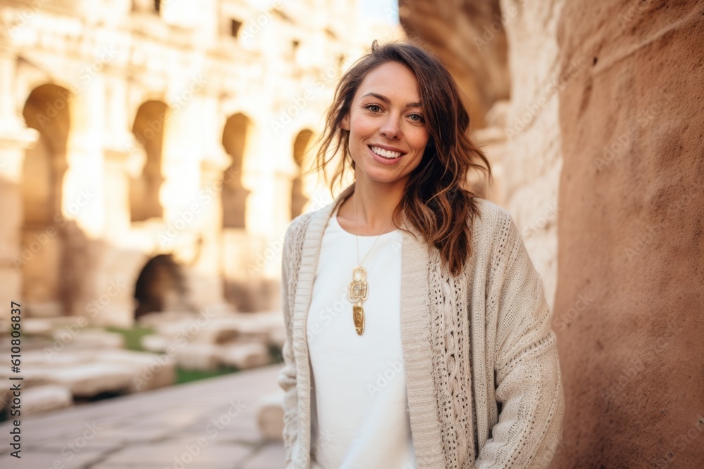 Portrait of smiling young woman in front of Roman Forum in Rome, Italy
