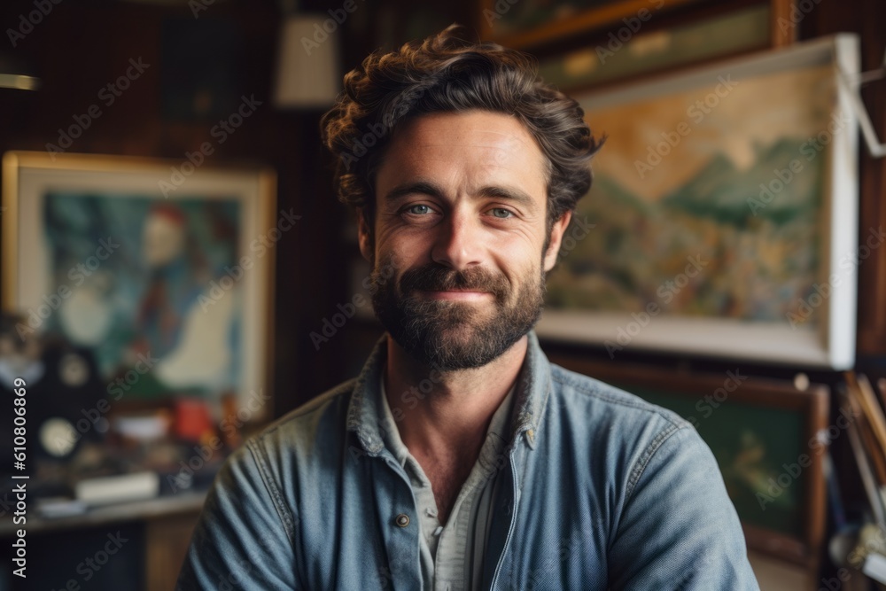 Portrait of smiling man sitting in art studio and looking at camera Portrait of smiling man sitting in art studio and looking at camera