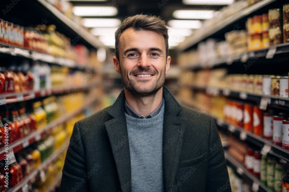 Portrait of a handsome young man standing in a supermarket and smiling Portrait of a handsome young man standing in a supermarket and smiling