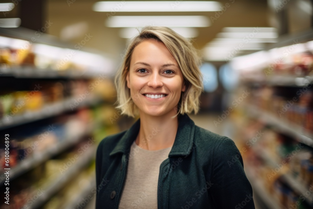 Portrait of smiling businesswoman standing in supermarket and looking at camera