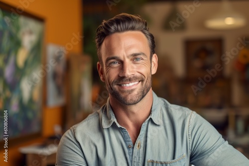 Portrait of handsome man smiling at camera while sitting in coffee shop