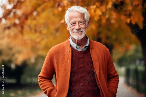 Portrait of a senior man standing in the park on an autumn day