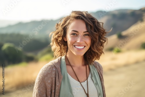 Medium shot portrait photography of a grinning woman in her 30s that is wearing a chic cardigan against a hillside or rolling hills background . Generative AI
