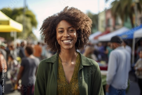 Medium shot portrait photography of a grinning woman in her 30s that is wearing a chic cardigan against a neighborhood block party with food and games background .  Generative AI
