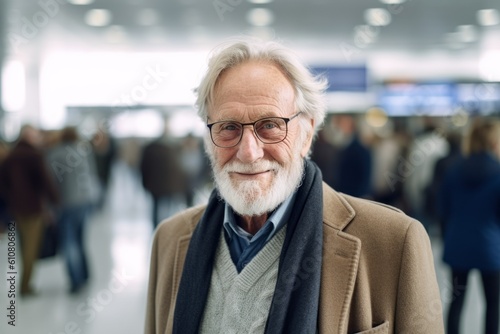 Portrait of senior man with eyeglasses standing in airport terminal