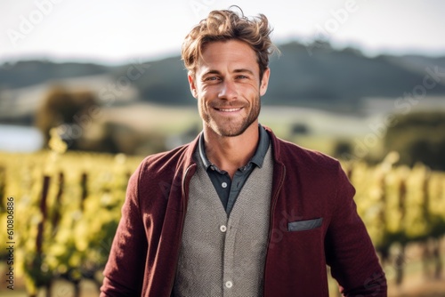 Close-up portrait photography of a satisfied man in his 30s that is wearing a chic cardigan against a vineyard during a wine tasting event background . Generative AI