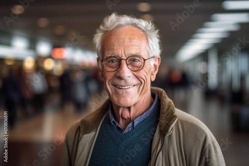 Portrait of smiling senior man with eyeglasses in corridor at hospital