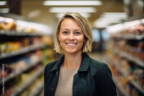 Portrait of smiling businesswoman standing in supermarket and looking at camera