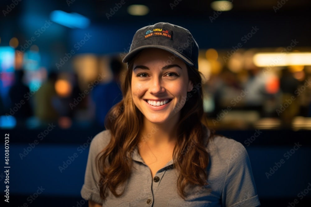 Medium shot portrait photography of a grinning woman in her 30s that is wearing a cool cap or hat against an interactive science museum with hands-on exhibits background . Generative AI Medium shot portrait photography of a grinning woman in her 30s that is wearing a cool cap or hat against an interactive science museum with hands-on exhibits background . Generative AI