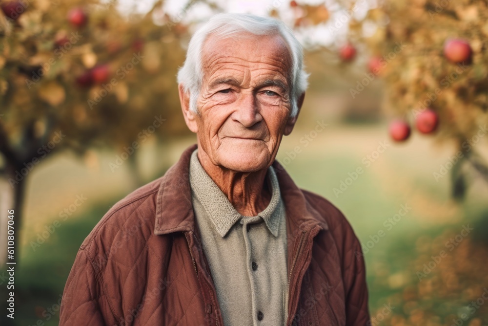 Portrait of a senior man in an apple orchard in autumn Portrait of a senior man in an apple orchard in autumn
