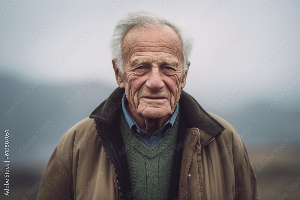 Portrait of an elderly man with grey hair in the countryside.