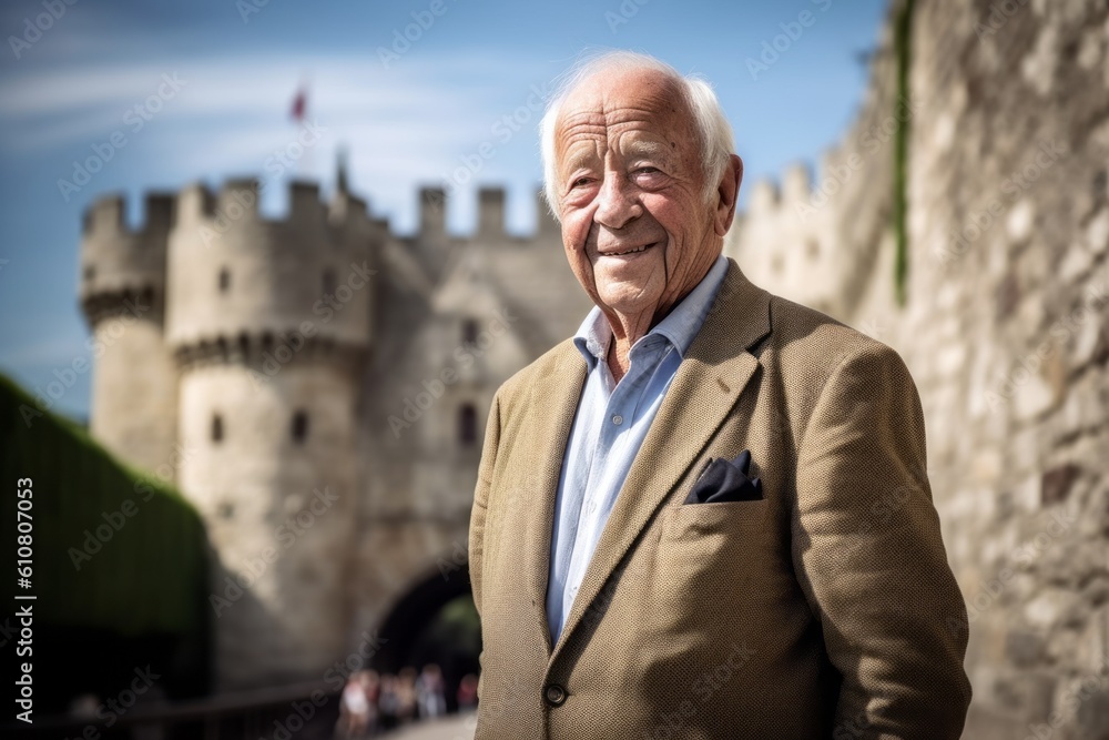 Portrait of a senior man in front of the medieval castle in Avignon, France Portrait of a senior man in front of the medieval castle in Avignon, France