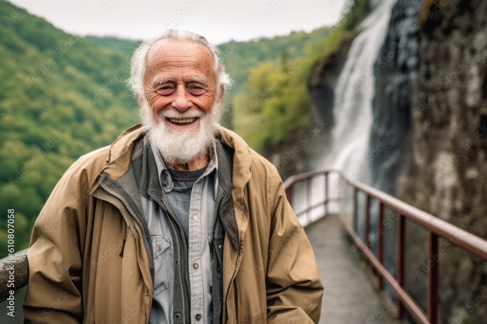 Portrait of a senior man at the waterfall in the mountains. Portrait of a senior man at the waterfall in the mountains.