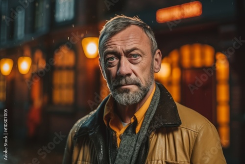 Portrait of a senior man with gray hair and beard in a yellow jacket on a city street.