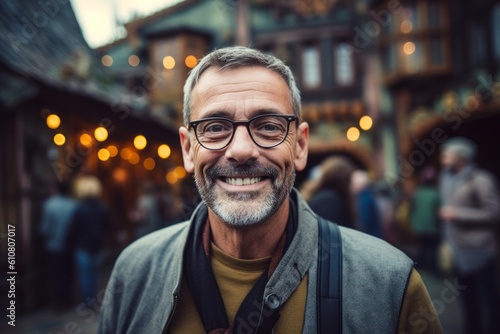 Close-up portrait photography of a satisfied man in his 50s that is wearing a chic cardigan against a thrilling haunted house attraction with brave visitors background . Generative AI