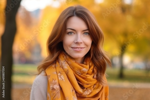 Portrait of a beautiful young woman in yellow scarf in autumn park