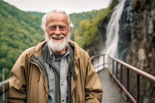 Portrait of a senior man at the waterfall in the mountains.