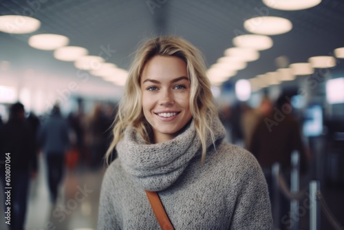 Medium shot portrait photography of a grinning woman in her 30s that is wearing a cozy sweater against a bustling airport terminal with passengers and flights background .  Generative AI © Leon Waltz