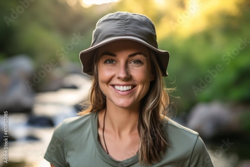 Close-up portrait photography of a satisfied woman in her 30s that is wearing a cool cap or hat against a scenic hiking trail with a waterfall in the distance background .  Generative AI © Eber Braun