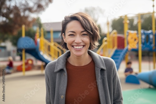 Medium shot portrait photography of a grinning woman in her 30s that is wearing a cozy sweater against a children's playground with parents and kids background . Generative AI