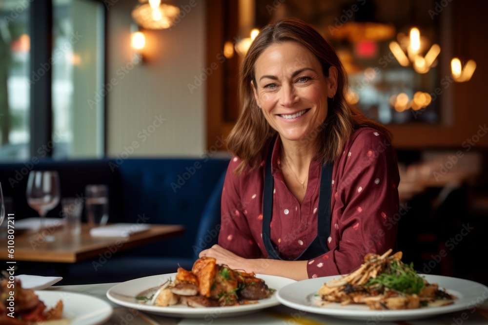 Close-up portrait photography of a satisfied woman in her 40s that is wearing a warm parka against a beautifully plated gourmet meal being served background .  Generative AI