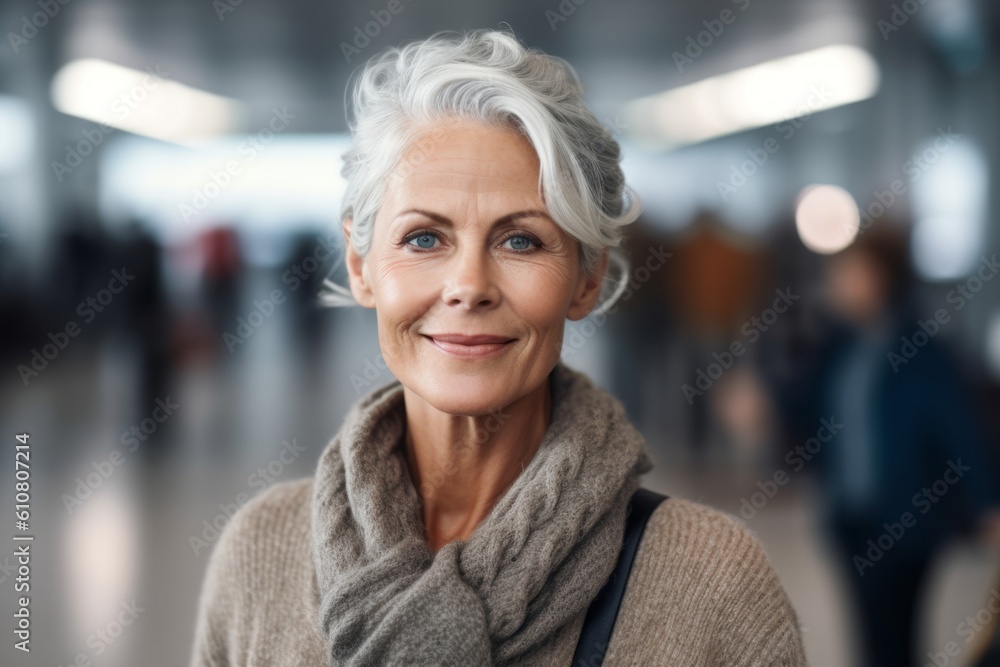 Portrait of a smiling senior woman looking at camera at the airport Portrait of a smiling senior woman looking at camera at the airport