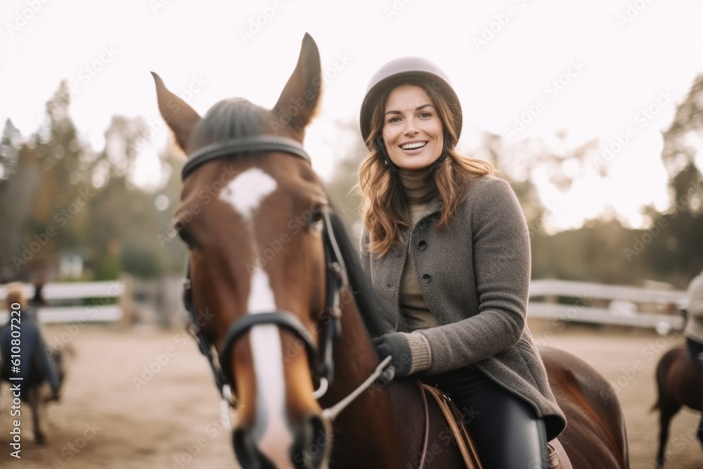 Obraz premium Portrait of a beautiful young woman riding a horse on a ranch