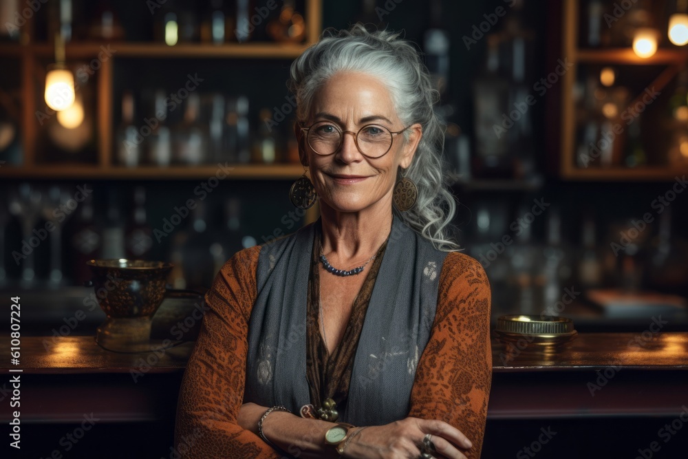 Close-up portrait photography of a satisfied woman in her 50s that is wearing a chic cardigan against an atmospheric speakeasy bar with vintage decor background . Generative AI Close-up portrait photography of a satisfied woman in her 50s that is wearing a chic cardigan against an atmospheric speakeasy bar with vintage decor background . Generative AI