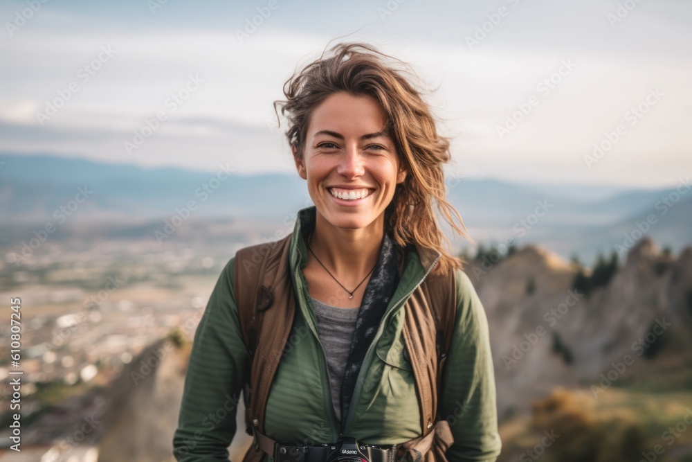 Portrait of a smiling young woman with backpack looking at camera in the mountains