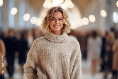 Portrait of a beautiful young blonde woman in a beige sweater.