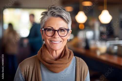 Portrait of smiling mature woman in eyeglasses at coffee shop
